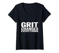 Women's Motivational Distressed Typography, Grit Changes Everything V-Neck T-Shirt