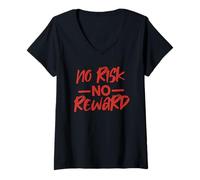 Womens Motivational NO Risk NO Reward - RED & Black Script V-Neck T-Shirt