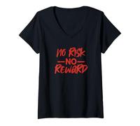 Womens Motivational NO Risk NO Reward - RED & Black Script V-Neck T-Shirt