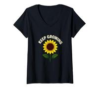 Womens Motivational Sunflower Graphic Keep Growing Quote V-Neck T-Shirt