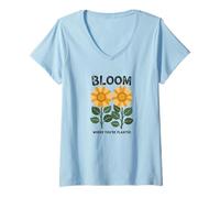Womens Motivational Sunflower Message, Bloom Where You Are Planted V-Neck T-Shirt