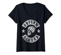 Womens Motorcycle Outlaw Bikers with Skull Rocker V-Neck T-Shirt
