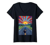 Women's Motorcycle Rider Solitary Highway Sunset Freedom V-Neck T-Shirt