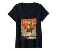 Womens Mount Fuji Cat in Japan with Kawaii Sunset - Chill Zen V-Neck T-Shirt