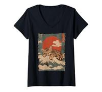 Womens Mount Fuji Cat in Japan with Kawaii Sunset - Chill Zen V-Neck T-Shirt
