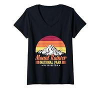 Women's Mount Rainier National Park Washington Retro Sunset Design V-Neck T-Shirt