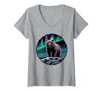 Womens Mountain Bear and Aurora Sky Design V-Neck T-Shirt
