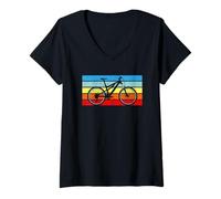 Womens Mountain Bike Rider Sunset Retro Stripe Graphic V-Neck T-Shirt
