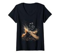 Women's Mountain Biker Jumping Over Ramp with Dust Clouds V-Neck T-Shirt