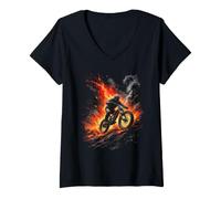 Women's Mountain Biker Riding Through Flames and Smoke V-Neck T-Shirt
