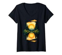 Womens Mountain Forest Sunset Trees Reflection Tee Nature Landscape V-Neck T-Shirt