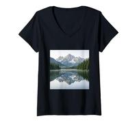 Women's Mountain Lake Alpine Peaks Reflection Landscape Photography V-Neck T-Shirt