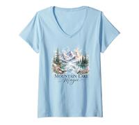 Women's Mountain Lake Magic Watercolor Landscape V-Neck T-Shirt
