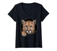 Women's Mountain Lion Breaking Through Torn Hole Wild Cat Graphic V-Neck T-Shirt