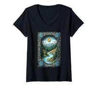 Womens Mountain River Peaceful Wilderness Nature Forest V-Neck T-Shirt