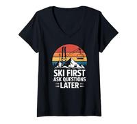 Women's Mountain Snow Ski First Ask Questions Later V-Neck T-Shirt