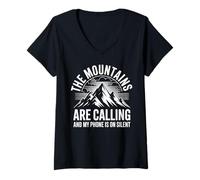 Womens Mountains Are Calling My Phone Silent Funny V-Neck T-Shirt