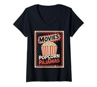 Womens Movies Popcorn And Pajamas Funny Retro Theater Snack Night V-Neck T-Shirt
