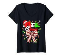 Womens Mr and Mrs Claus Christmas Couples Coquette Bow Candy Santa V-Neck T-Shirt