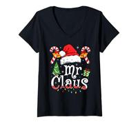 Womens Mr and Mrs Santa Claus Matching Couples Christmas Pajamas V-Neck T-Shirt