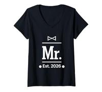 Womens Mr. Est. 2026 Minimal Wedding Celebration Design V-Neck T-Shirt