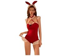 Women's Mrs Claus Costume Santa Costume Adult Women Lady Cosplay Suit Off Shoulder Bunny Fancy Dress Velvet Trim Bodysuit Sexy Sassy Dress-Up for Holiday Party