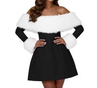 Womens Mrs Santa Claus Costume Fancy Dress Xmas Outfit, Cozy Velvet Color Block Cosplay Party Dresses, Off Shoulder Elegant Holiday Swing A Line Midi Outfit for Festive Seasonal Gatherings Black