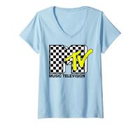 Women's MTV Classic Checkerboard and Neon Yellow Logo V-Neck T-Shirt