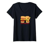 Women's MTV Classic Logo Hamburger Design V-Neck T-Shirt