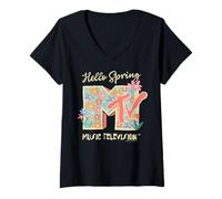 Women's MTV Hello Spring Floral Logo Retro 70s Flower Power V-Neck T-Shirt