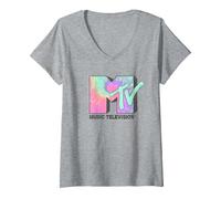 Women's MTV Klassisches Neon Tie-Dye Logo V-Neck T-Shirt, Heather Grey, XX-Large