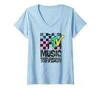 Women's MTV Pastel Checkerboard Pattern Music Retro V-Neck T-Shirt