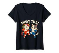 Women's Muay Thai Unicorn Vs Cat Boxing Match for Kids V-Neck T-Shirt