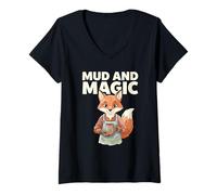 Women's Mud and Magic Gardening Fox Coffee Quote V-Neck T-Shirt