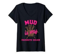 Womens Mud Run Shirts For Women Girls Mud Is My Favorite Color Pink V-Neck T-Shirt