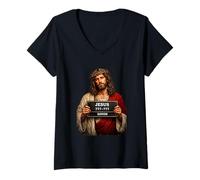 Women's Mugshot Jesus Portrait Vintage Crown of Thorns Design V-Neck T-Shirt