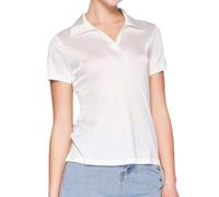 Women's Mulberry Silk Polo Shirts Collar Golf Tee Top Short Sleeve V Neck Business Tee Workout Tunic Blouses Tshirts (White,S)