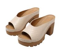 Women's Mule Sandals With Thick Chunky Heels And A Fish Mouth Toe: Retro Wood Grain Sole Casual High Heel Sandals Toe Ring Sandals for Women Leather (Khaki, 6)