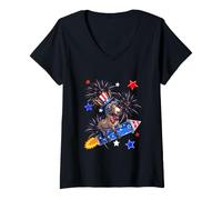 Women's Mule Sunglasses US Flag Riding Firecracker 4th July Farmer V-Neck T-Shirt