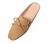 Women's Mules Front Closed Flat Sandals & Slides for Sliders Back Open Trekking Sandals Lightweight Bow Boho Slippers Solid Sole Walking Shoes Simple Slip-Ons Shoes, khaki, 8.5 UK