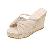 Women's Mules | Open Toe, Bow Front with Shiny Ornament, Thin Strap Decorative, Platform Platform and Braided Edge, Notched Sole | Casual Sandals for Going Out Beach, 01 Beige, 9 UK