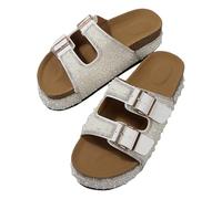 Women's Mules Platform Footbed with Rhinestone Pearls Leather Non-Slip Orthopaedic Comfortable Sandals Women Slippers Adjustable Straps for Sea Beach Garden, White, 8 UK
