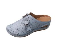 Women's Mules Summer Slip-On Sandals with Wedge Heel PU Leather Clogs Mesh Breathable Slip On Shoes with 3D Flowers Outdoor Walking Platform Slippers Garden Clogs with Cork Footbed, sky blue, 9 UK