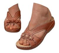 Women's Mules Summer Wedge Heel Slippers Summer Flowers Sports Shoes Bohemian Beach Sandals Open Toe Slippers Low Wedge Sliders Non-Slip Slides Made of Perforated Mesh Slippers, brown, 8.5 UK