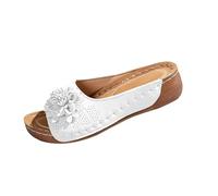 Women's Mules with Footbed, Platform Slippers, Summer Flower Slides, Indoor and Outdoor Slippers for Summer, Beach Sandals, High Beach Sandals, Wedge Heel, Walking Shoes, Ladies Slide, White, 9 UK