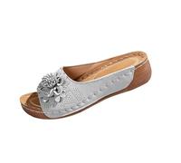 Women's Mules with Footbed, Platform Slippers, Summer Flower Slides, Indoor and Outdoor Slippers for Summer, Beach Sandals, High Beach Sandals, Wedge Heel, Walking Shoes, Ladies Slide, silver, 8.5 UK
