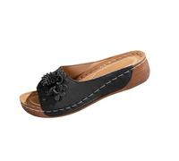 Women's Mules with Footbed, Platform Slippers, Summer Flower Slides, Indoor and Outdoor Slippers for Summer, Beach Sandals, High Beach Sandals, Wedge Heel, Walking Shoes, Ladies Slide, black, 6 UK