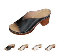 Women's Mules with Heel, Slippers Women's Summer Comfortable, Women's Slippers Breathable Slippers PU Leather Boho Cork Sandals Block Heel Outdoor Sandals Fashion Sandals Solid Sole Sandals, black, 4