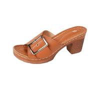 Women's Mules with Wedge Heel Elegant - Slippers with Block Heel Low Heel Summer Shoes Slip-On Mules Casual Shoes with Large Buckle Non-Slip Outdoor Hiking Shoes, brown, 8.5 UK