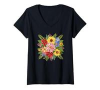 Women's Multi-Color Floral Bouquet Illustration V-Neck T-Shirt